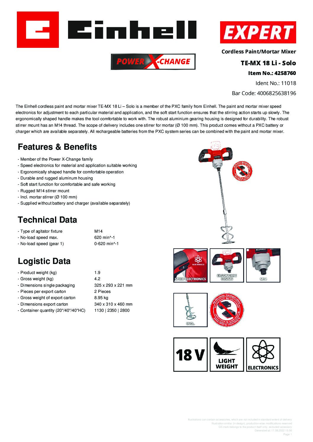 EINHELL - TE-MX 18 LI - SOLO, CORDLESS PAINT/MORTAR MIXER (NO STARTER KIT INCL) - Image 2