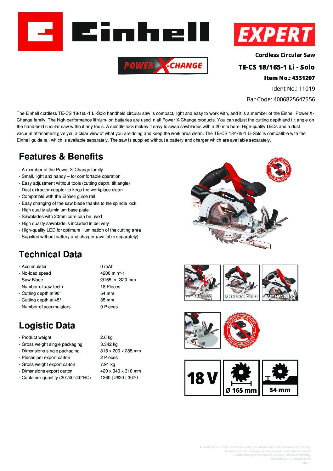 EINHELL - TE-CS 18/165-1 Li - Solo, Cordless Circular Saw - (NO STARTER KIT) - Image 2