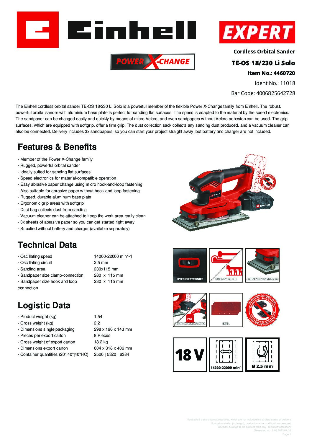EINHELL - TE-OS 18/230 LI SOLO, CORDLESS ORBITAL SANDER (NO STARTER KIT INCL) - Image 5