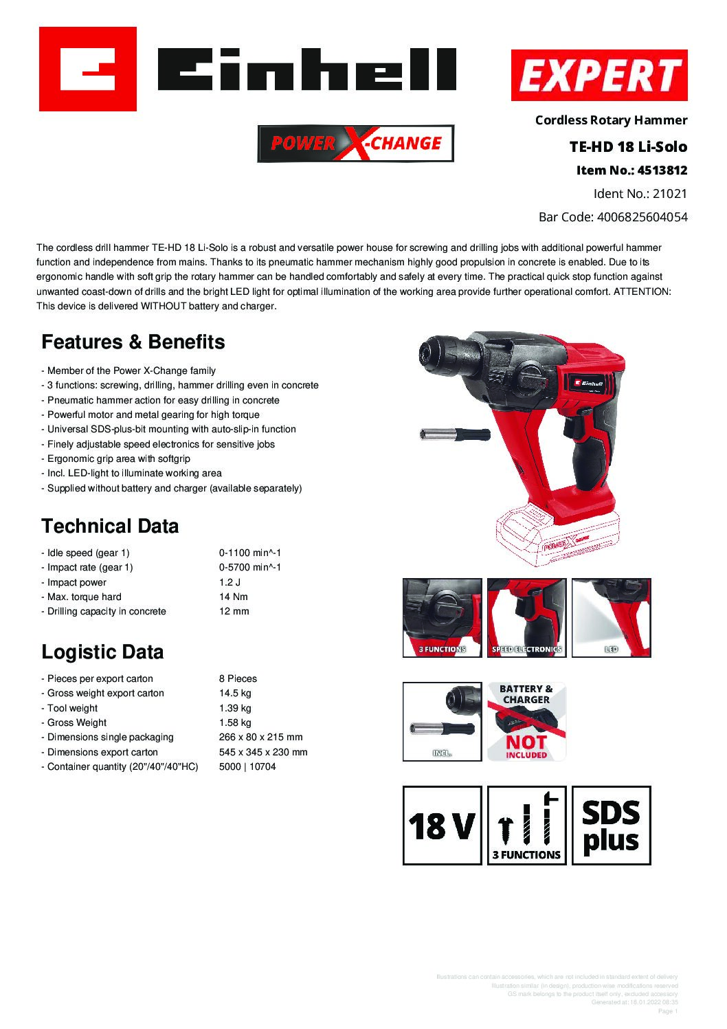 EINHELL - TE-HD 18 LI-SOLO, CORDLESS ROTARY HAMMER (NO STARTER KIT INCL) - Image 2
