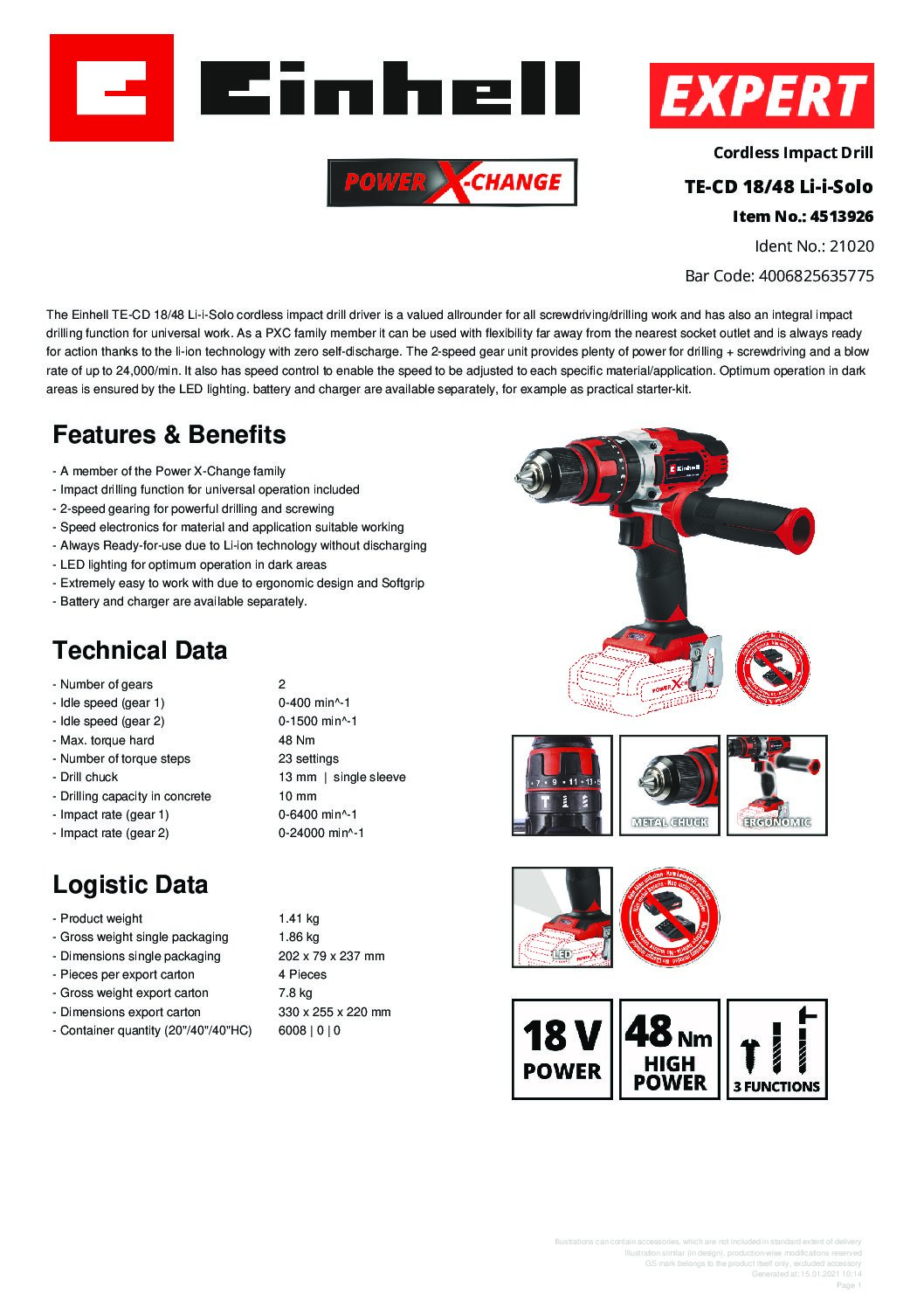 EINHELL - TE-CD 18/48 Li-i-Solo, Cordless Impact Drill - (NO STARTER KIT) - Image 2