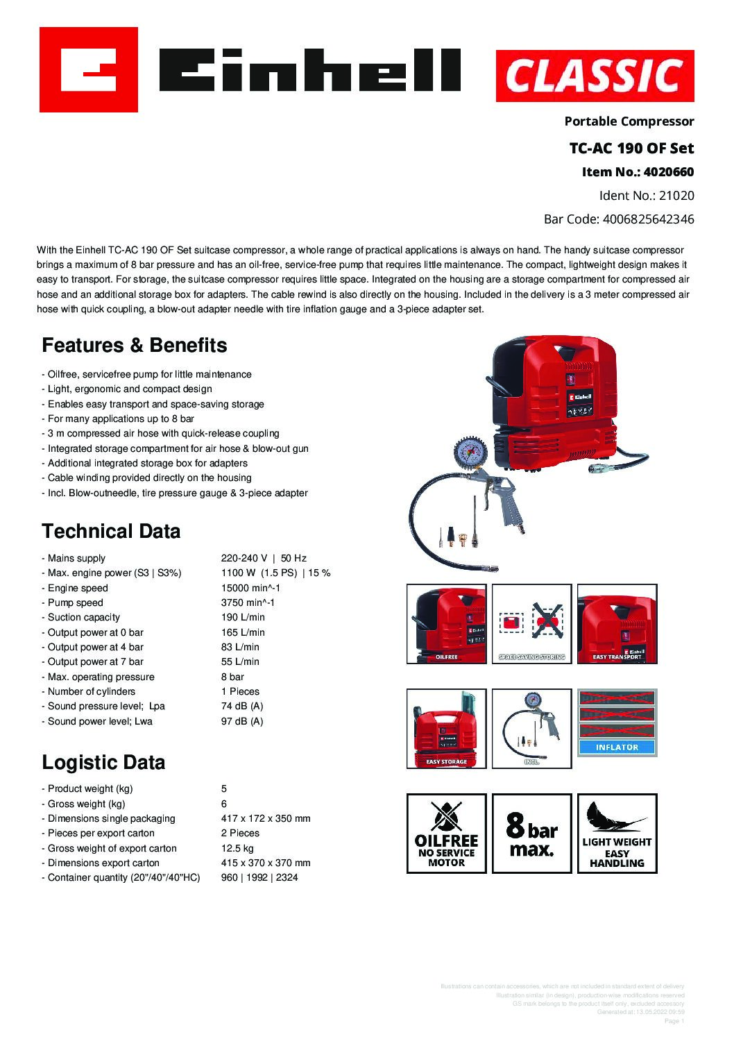 EINHELL - TC-AC 190 OF Set, Portable Compressor (CORDED) - Image 9