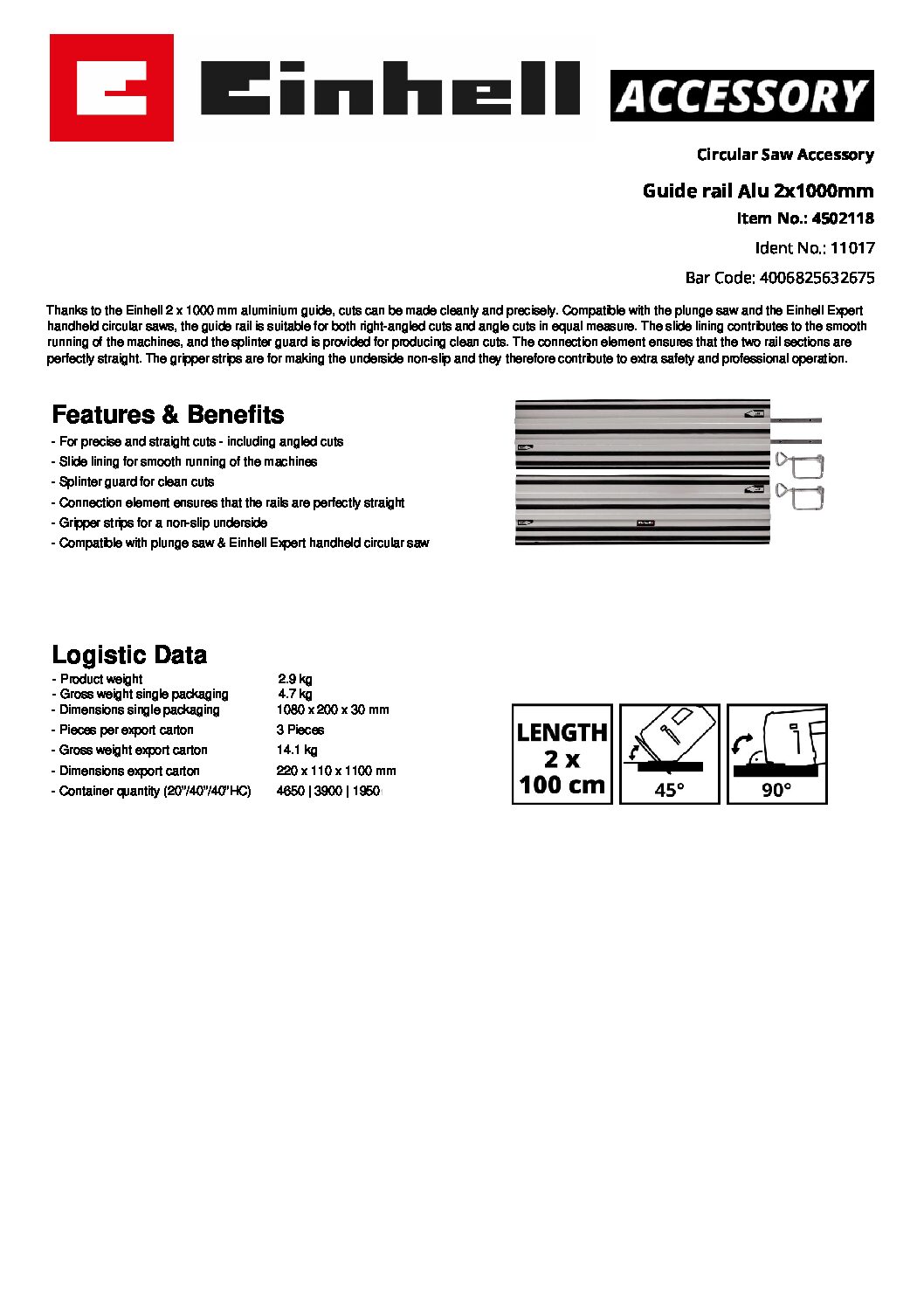 EINHELL - Guide Rail Alu 2x1000mm, Circular Saw Accessory (CORDED) - Image 2